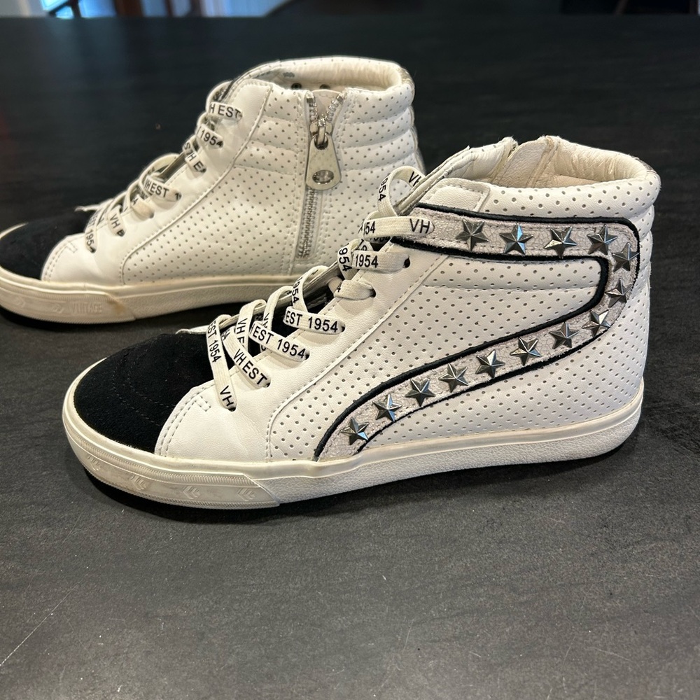 White and Black High-Top Sneakers with Star Stud Detail-Vintage Havana-Size 8